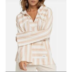 Roxy Women's Wild and Free Hoodie Pink and White Striped Cotton Blend Size M